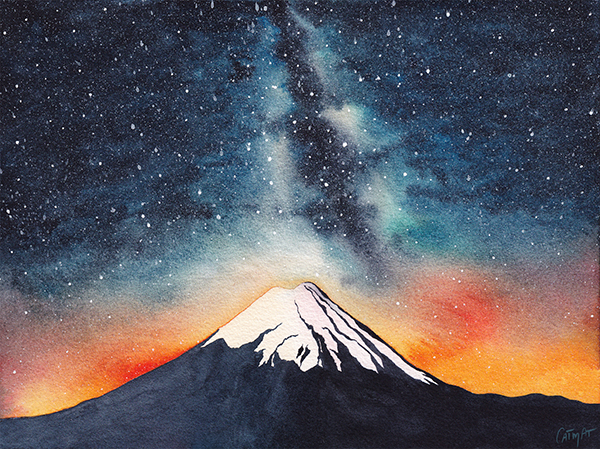 Aquarelle CatMat Nuit sur le Mont Fuji